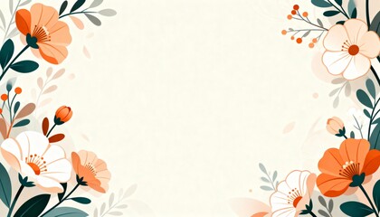 Fototapeta premium Framing central cream textured space on stationery, featuring stylized orange peach white flowers