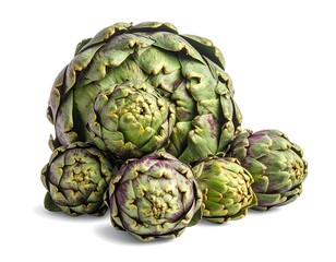 Fototapeta premium Group of artichokes one large and several smaller ones, stacked together, on a white background, casting shadows