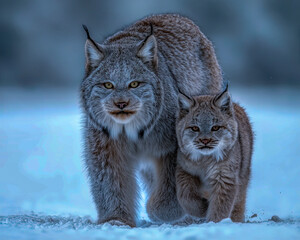 Naklejka premium Canadian lynx with her kitten