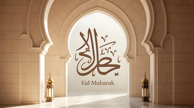 Eid Mubarak greeting in arched doorway with lanterns and islamic calligraphy on transparent background