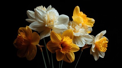 Fototapeta premium Beautiful spring bouquet of white and yellow daffodils against a dark background