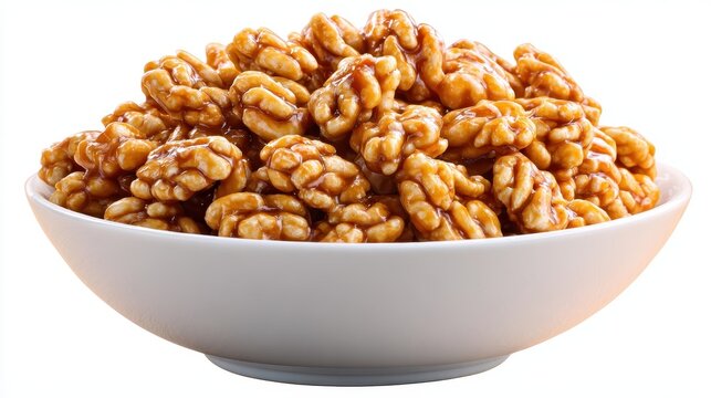 Bowl of delicious candied walnuts isolated on white background