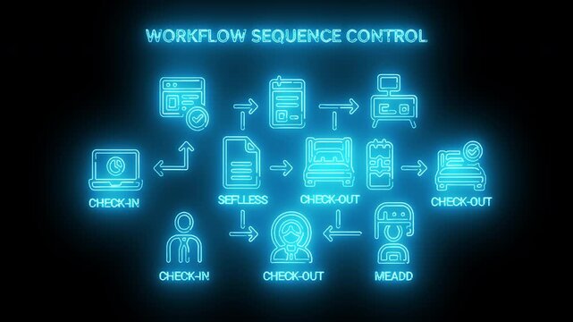 Glowing blue flowchart diagram of workflow sequence control on a black background with various icons and arrows.
