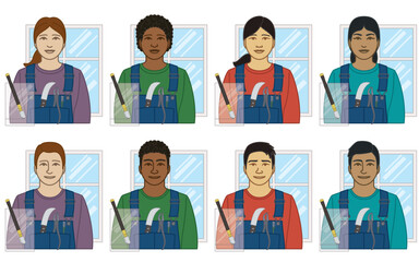 Fototapeta premium diversity, race, ethnicity of glazier vector icons, male and female, wearing overalls with glass cutting tools, isolated on a white background
