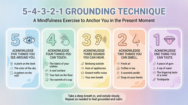 Grounding technique infographic supports calm. Grounding exercise maps 5 4 3 2 1 prompts for sight, touch, hearing, smell, taste, helping mindfulness practice during stress, anxiety, panic relief