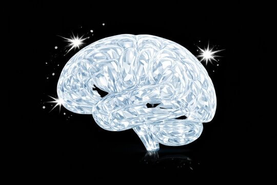 Crystal brain with sparkling lights on a black background, symbolizing clarity and intelligence