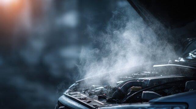 Overheating car engine with steam emitting from open hood