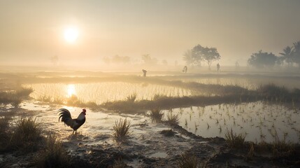 Naklejka premium Rooster in Rice Field at Sunrise with Misty Mountain Background