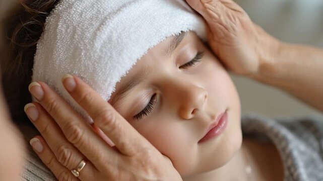 Mother Placing Cold Compress on Child&rsquo;s Forehead