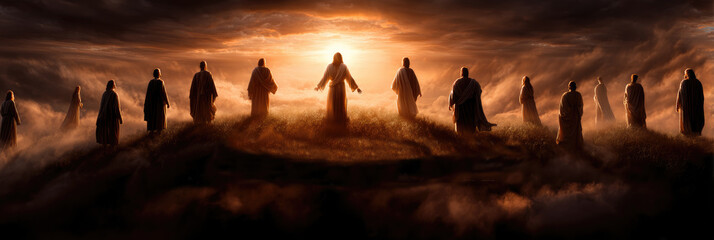 Jesus ascending from a misty hilltop toward a radiant sunrise as disciples watch, evoking ascension, faith, hope and divine light in a sacred, spiritual landscape