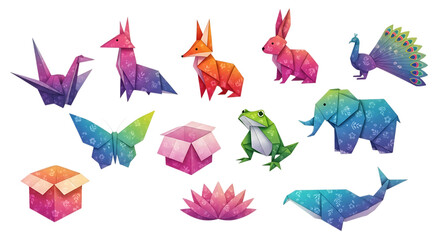 Obraz premium A collection of colorful origami animals and objects on transparent background