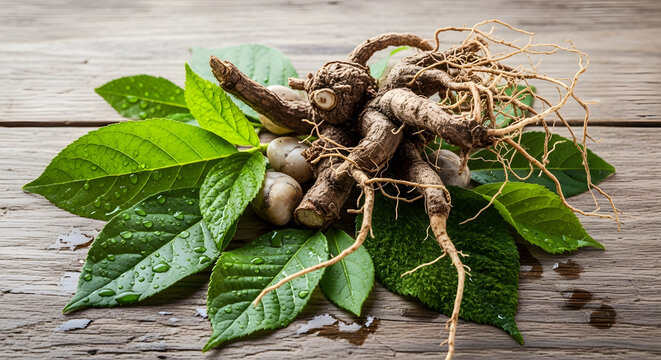 Freshly Harvested Ginseng Root with Green Leaves on Wooden Surface.