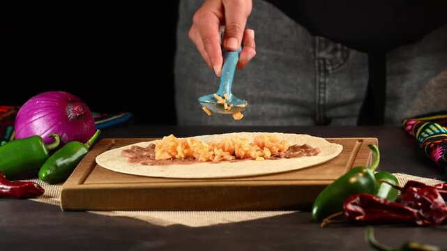 A woman's hands preparing a burrito with red rice on top