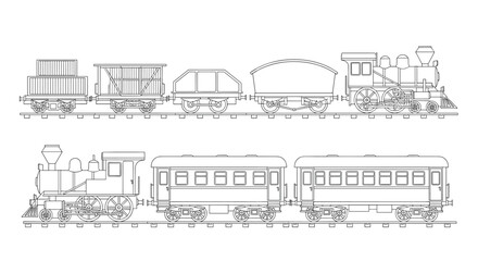 Set of detailed line art drawings showcasing different types of steam locomotives and railway carriages for children to color.