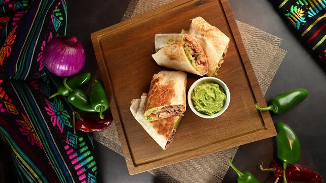 Mexican food, flour burritos with meat and guacamole, camera slowly rotating