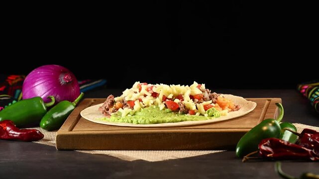 Preparing hot homemade burritos on a wooden board, Mexican food