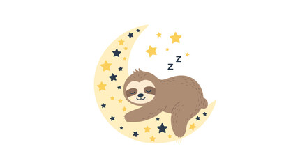 Fototapeta premium Cute brown sloth sleeping peacefully on a yellow crescent moon adorned with black and yellow stars over a white background.