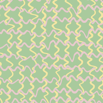 Hand drawn, wavy check seamless repeat pattern. Pastel, vector grid aop, all over surface print on sage green background.