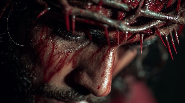 A close-up of a man's face with a crown of thorns and blood on his face