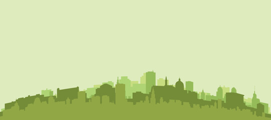 Green panoramic poster of the city skyline with solid background buildings on a hilly terrain of COPENHAGEN, DENMARK