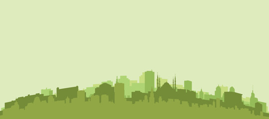 Green panoramic poster of the city skyline with solid background buildings on a hilly terrain of ISTANBUL, TURKEY