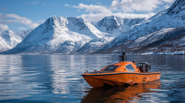 autonomous orange surface vehicle on calm water between snow capped mountains using sonar equipment for coastal monitoring hydrographic survey and underwater mapping operations