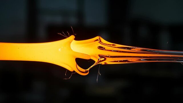 Glowing orange glass rod pulled and stretched in a workshop environment at glassblowing demonstration
