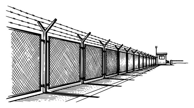 High security fence with barbed wire and guard post in monochrome engraving style