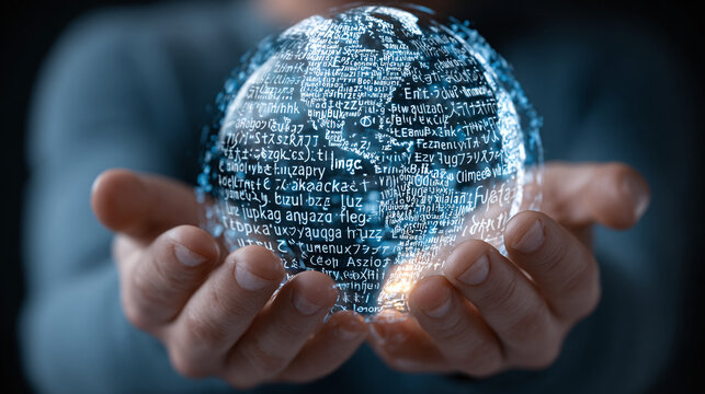 person holding a digital globe with multiple languages on display showing global communication virtual learning translation tools and futuristic education technology