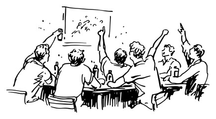 Friends watching football game on television and cheering in pub doodle style © Katarzyna