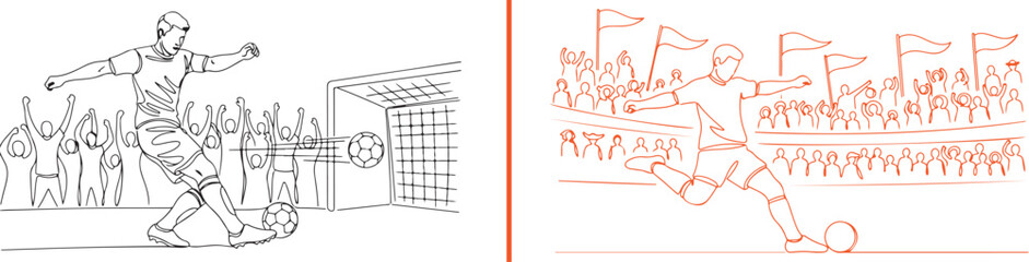 Blue and black line art vector of soccer players in action. Shows athletes dribbling and shooting at a goal with a cheering crowd in the background, capturing a high-energy match moment. © reza