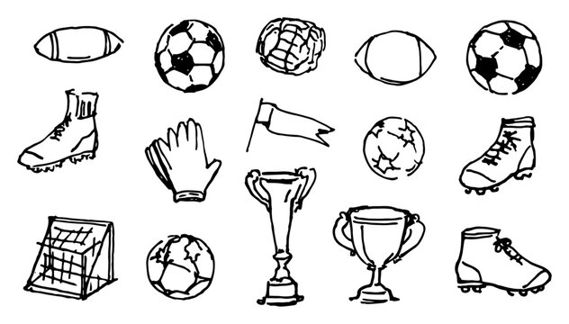 Football equipment and sports trophies icons set in hand drawn doodle style