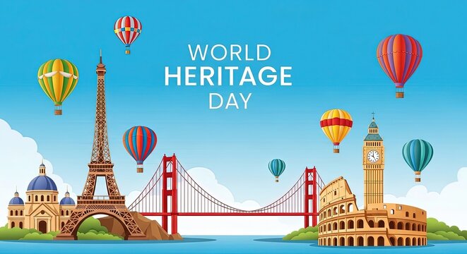 World Heritage Day landmarks with hot air balloons flying isolated on transparent background