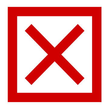 Red cross mark icon inside square frame negative error symbol for delete cancel exit button and interface failure