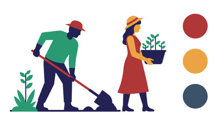 Diverse Pair Planting Seedlings in Garden with Shovel and Potted Plant Vibrant Palette of Red Orange and Blue Circles © Choate