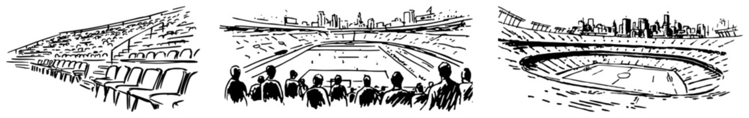 Various perspectives of sports stadium with seats and crowd in hand drawn line art style © Katarzyna
