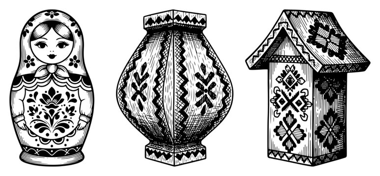 Traditional Slavic folk art items including matryoshka doll and decorative objects in engraving style