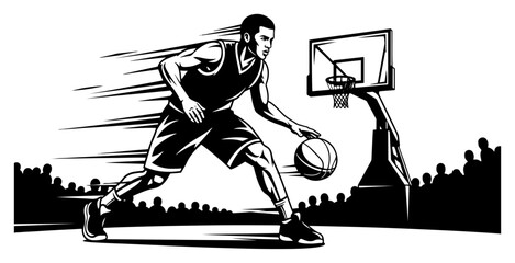 Basketball player dribbling fast towards hoop on court in dynamic graphic style © Katarzyna