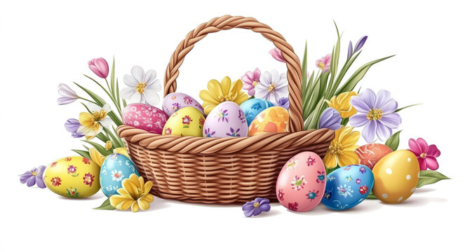 easter basket with colorful eggs and spring flowers isolated on a transparent background, 