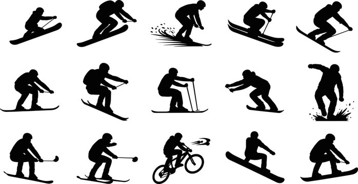Black vector silhouette set of winter sports athletes featuring skiers, snowboarders, and mountain bikers performing jumps and stunts on a clean white background.