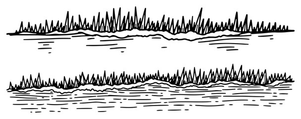 Grass and soil horizontal borders in hand drawn woodcut style © Katarzyna