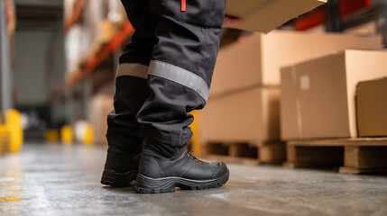 Obraz premium Industrial worker in protective workwear and safety shoes carries a cardboard box in a large warehouse or logistics storage facility building