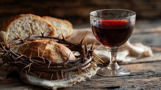 A still life of bread and wine with a crown of thorns on a wooden table