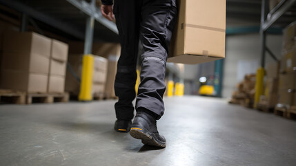 Fototapeta premium Industrial warehouse worker in dark workwear carries a single brown cardboard box through a large storage facility, lower body focus