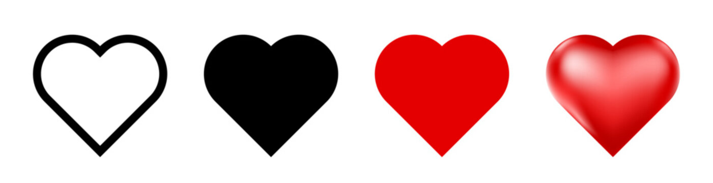 Heart icon Set, Black And Red Love Heart icons in Line, Solid and 3D Shiny Styles, Vector illustration 