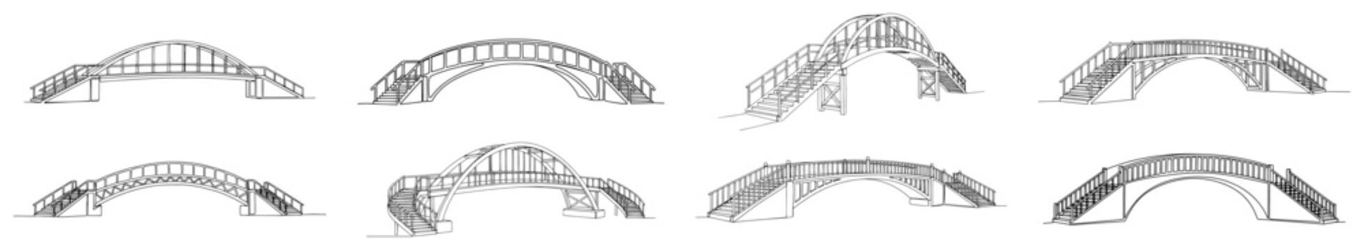 Arched bridge collection with various designs for garden or park landscape in minimalist continuous line art style