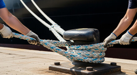 Workers with gloves securing ship rope to bollard