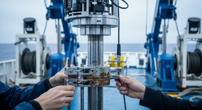 Hands adjusting metal clamp on marine research equipment