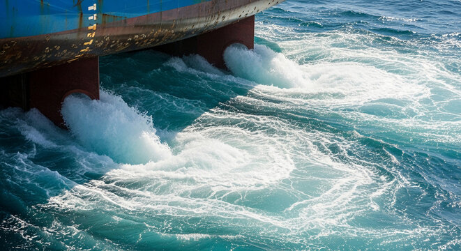Ship hull discharging ballast water into the sea