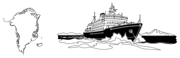 Icebreaker ship navigating through frozen arctic sea near Greenland map outline in minimalist line art style © Katarzyna